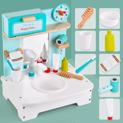 China Funny Educational Toy Factory Direct Sale Pretend Play Makeup Lighting Table Game Cleaning Wooden Washing Set for sale