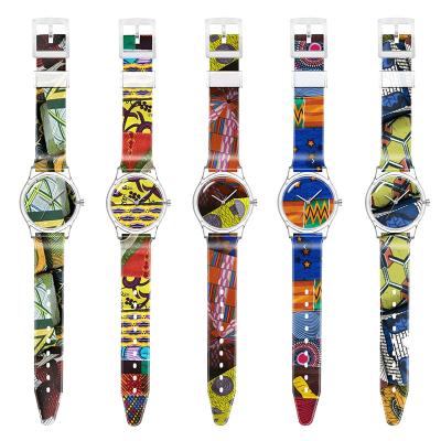 China Custom Made Transparent Water Resistant Watch Plastic Recyled Pattern African Pritned Design Your Own Watch Women for sale