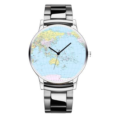 China Custom Printing Mens Sublimation Blank Watch World Map Design Printing Stainless Steel Photo Water Resistant Clean Pattern Watch for sale