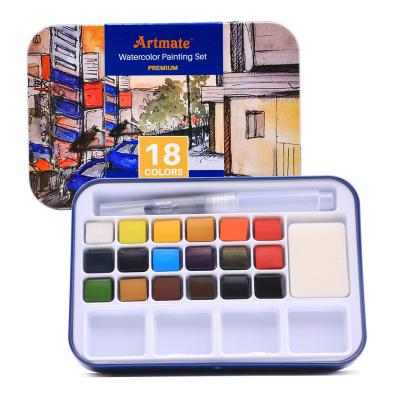 China Artmate watercolor cake set 18 colors with water brush and sponge, watercolor paints, watercolor paint set 18 colors for sale