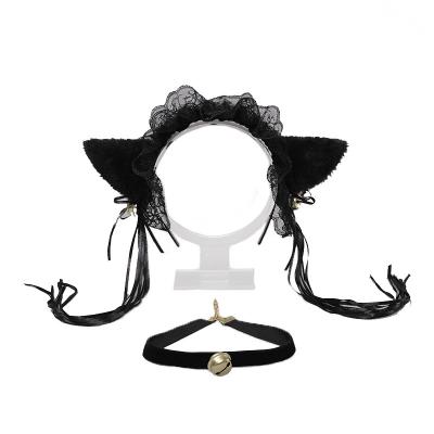 China Handmade Cosplay Lolita Headband Headwear Bell Necklace Neck Bell Set Accessories Lace Cat Ears for sale