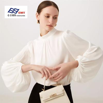 China Breathable Custom Women Long Sleeve Pleated Design Office White Silk Tops for sale