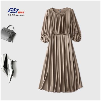 China Breathable Mulberry Silk French Satin Temperament Elegant Pure Color Broken Pleat Lace-Up Seven-Point Sleeve Long Women Dress for sale