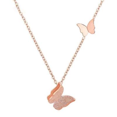 China Office/Free Shipping 18k Rose Gold Plated Stainless Steel Career Marfend Rub Women's Double Butterfly Necklace Clavicle Chain for sale