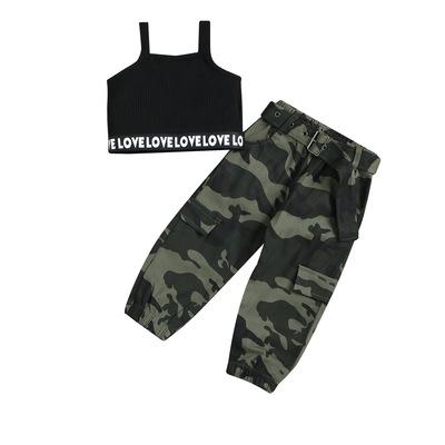 China 2021 Summer Casual Girls Boots Camouflage Pants Top Belt Three Piece Kids Clothes for sale