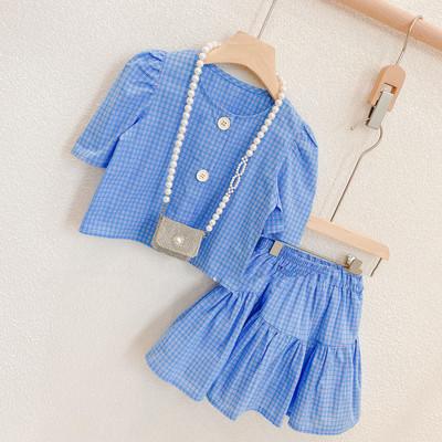 China 2021 summer new children's clothing girl's clothing suit breath sleeve vintage top and skirt two-piece suit for sale