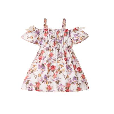 China 2021 Summer Breathable Floral Halter Off The Shoulder Elastic Dress Baby Girls Dress Waist Hanger Casual Flowers for sale