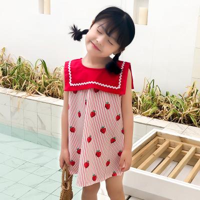 China 2020 Summer Children's New Girl Strawberry Girl's Breathable Lapel Baby Dress Cute Striped Sleeveless Vest Dress for sale