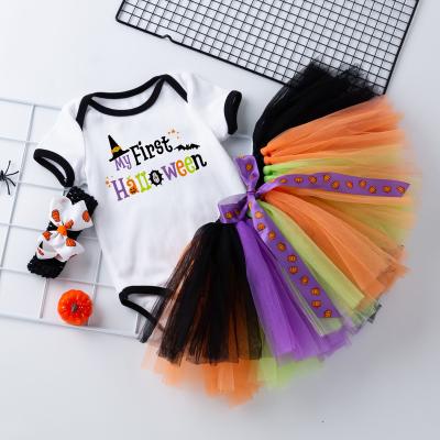 China 2021 New Halloween Headband Cartoon Print Breathable Short Sleeve Romper Gauze Skirt Suit Baby Girls Costume Set Black Orange for sale