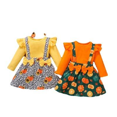 China Vintage Children's Costume New Halloween Pumpkin Print Suspender Skirt Solid Color Top Three Piece Costume for sale