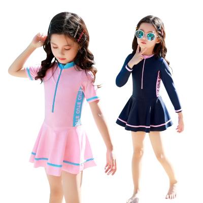 China 2022 Hot Sale Summer Waterproof Girls Fashion Patchwork Skirt Swimwear Kids Casual Letter Long Short Sleeve Dress Shorts Swimwear 2PCS for sale