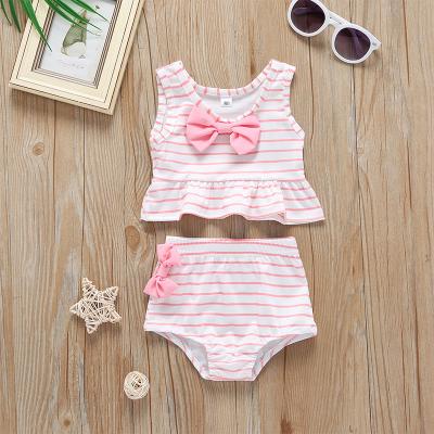 China 2020 summer European and American girls breathable infants and toddlers striped sleeveless bows ruffled swimsuit suit for sale