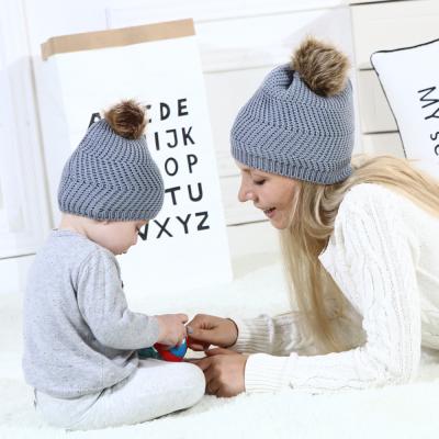 China 2019 New Popular Plush Hot Selling Vertical Knit Woolen Ball Solid Color Winter To Keep Ladies Baby Parent-child Warm Windproof Hat for sale