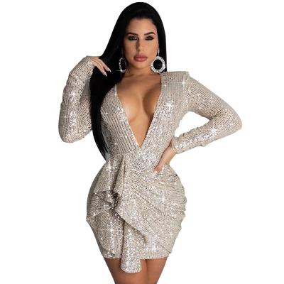 China Anti-static tight V-neck sequins buttocks evening dress ladies from Europe and America Autumn And Winter dress for sale