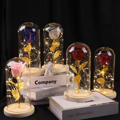 China Fashional 24k Gold Foil Dipped Galaxy Plated Rose Glass Dome Led Artificial Flower Display With Light Valentines Gift for sale