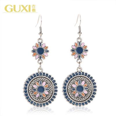 China Other National Style Color Oil Drop Long Daisy Earrings Retro Earrings Flower Totem Palace Style Carved Metal Gold Silver Alloy 10.83g for sale