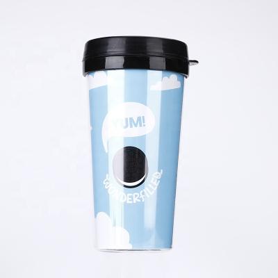 China Sustainable Advertising Travel Double Wall Reusable Gifts Mug Coffee Plastic Insulated Cup With Printing Paper Insert for sale