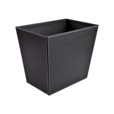 China Custom Black Leather Stocked PU Trash Can Garbage Basket For Hotel Using With Foot Nails for sale