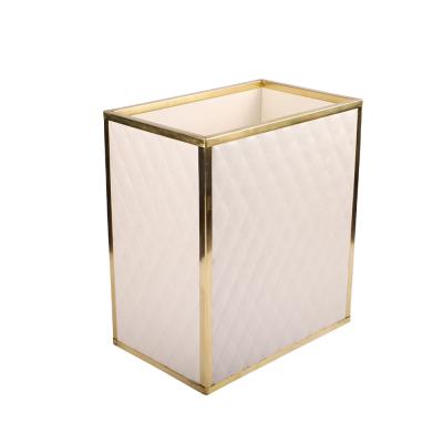 China Sustainable High Quality Square Leather Waste Bin Covered Decorative Metal Framed Waste Bin for sale