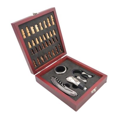 China 2021new design handmade wine gift set with chess box backgammon set 2 in 1 for sale