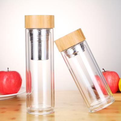 China New 400ML /500ML High Quanlity Viable Borosilicate Glass Water Bottle With Lid And Bamboo Tea Infuser for sale