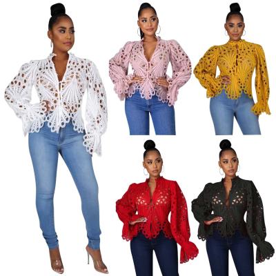 China Breathable Ladies Flare Long Sleeve Hollow Out Y2k Shirts Tops And Blouses Fall 2021 Women Clothes Top Fashionable Blouse for sale