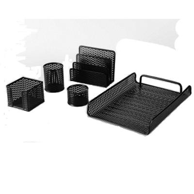 China Black Metal Office Table Organizer Desk Accessories Metal Mesh Office Stationery Set for sale