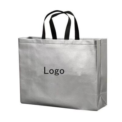 China Folding Recyclable Promotional Non Woven Laminated Silver Printing Tote Bag With Custom Logo for sale