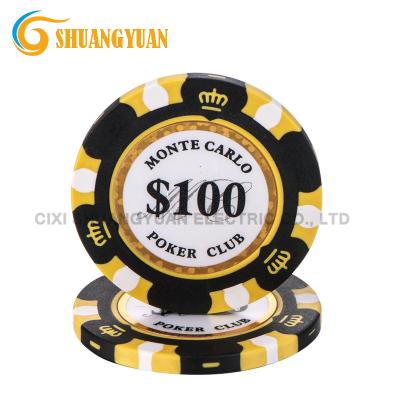 China 14g Clay 3-Tone Monte Carlo Poker Chip With Golden Balance Sticker for sale