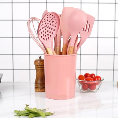 China Hot Selling 10Pcs Silicone Kitchenware Viable Silicone Utensils Wooden Handle Cooking Silicone Cooking Utensils Set for sale