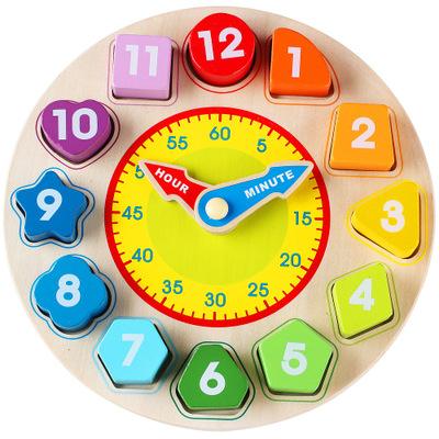 China 2022 New Eco-friendly Material Wooden Shape Matching Clock Toy With Numbers And Shapes Teaching Time Educational Gifts For Kids for sale