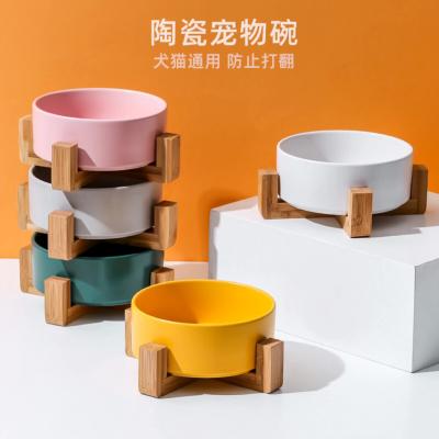 China Wooden frame cat viable ceramic double bowl bowl to protect the cervical vertebra high foot bowl drinking supplies for sale