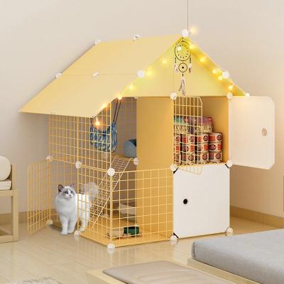 China Breathable Yellow Color Pet Cage Wooden Cage Villa Cat Cage Set Free Iron Mesh for sale