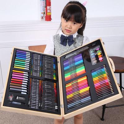 China Modern Children's Day 180 Wooden Box Brush Set Watercolor Pen Gift Box Painting Supplies Desktop Pencil Oil Painting Stick for sale