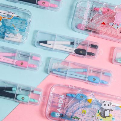 China Modern Student Compass Ruler Set of 7 Pieces Design Tools Cartoon Compass School Supplies Geometric Compass Drawing Set for sale