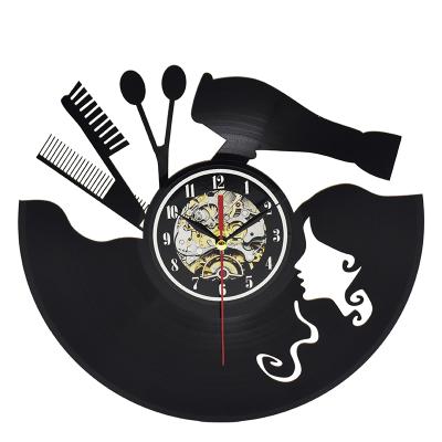 China Art Clock Wall Hanging Clock Black European Retro Barber Shop Stations Equipment Mute Barber Shop Equipment Vinyl Record LED Wall Clock Lamp for sale