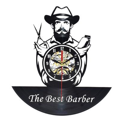 China 2021 Stocked Wall Clock Barber Shop Logo Record Wall Clock Hair Salon Wall Watch 3D Modern Design 2021 for sale