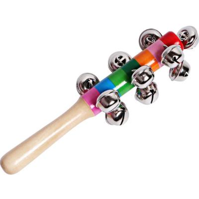 China Musical Christmas Bell Baby Rattle Wood Jingle Bells Bright Color Stick Shaker Rattle Rainbow Handle Wooden Christmas Hand Bells for sale