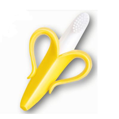 China Reuseable Yellow Banana Toddlers Teether Toys Soft Self-Calming Relief Silicone Teethers Training Baby Toothbrush for sale