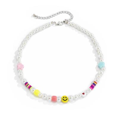 China High Quality Cute Girl Rice Pearl Bead Necklace Colorful Smiley Face Heart Star Choker Necklace for sale