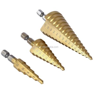 China Tin Coated Hex Shank Straight Spline Drilling Steel Sheet 3 Pieces HSS Step Drill Hole Cutter Set for sale