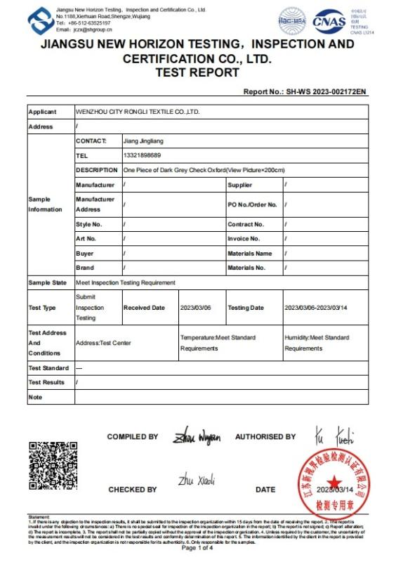 Fabric Test Report - Chengdu Biente International Trade Co., Ltd.