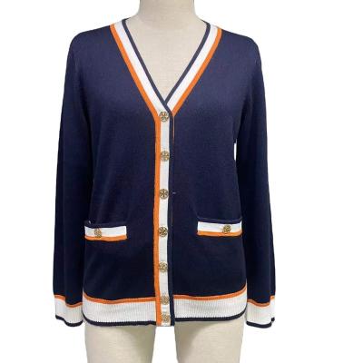 China Anti-Wrinkle Premium Quality Navy Blue Cashmere Spring Cardigan Knitted Color-blocking Women for sale