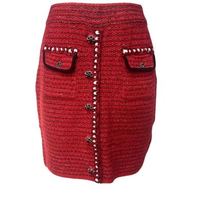 China Luxury Retro Wine Red Yarn Anti-static Good Quality Bow Yarn Woolen Short Skirt For Casual Ladies for sale