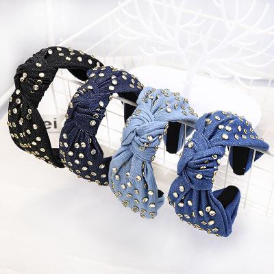 China High Quality Popular Knot Headband Crystal Stunning Bling Denim Headbands For Girls Custom Headband for sale