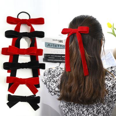 China Daily 2020 Newest Design Elastic Velvet Large Hair Tie Scrunchies With Bows Velvet Ribbon Bow Hair Clip for sale