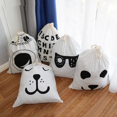 China Tote Wash Storage Cotton Canvas Drawstring Printing Storage Laundry Hamper Eco-friendly Long Cloth Wash Foldable for sale