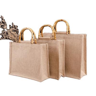 China Wholesale Cheap Eco-friendly Dark Brown Natural Bamboo Burlap Handle Jute Shopping Storage Tote Bags Canvas Bamboo Handle for sale