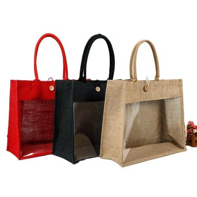 China Oversized Jute Pouch Eco-friendly Colorful Bag with Window Black Small Sublimation Burlap Jute Packaging Gift Bags for sale