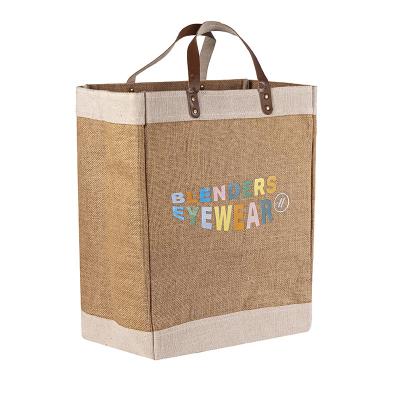 China Wholesale eco-friendly laminated eco-friendly printed jute tote laminated jute shopping bag with leather straps for sale